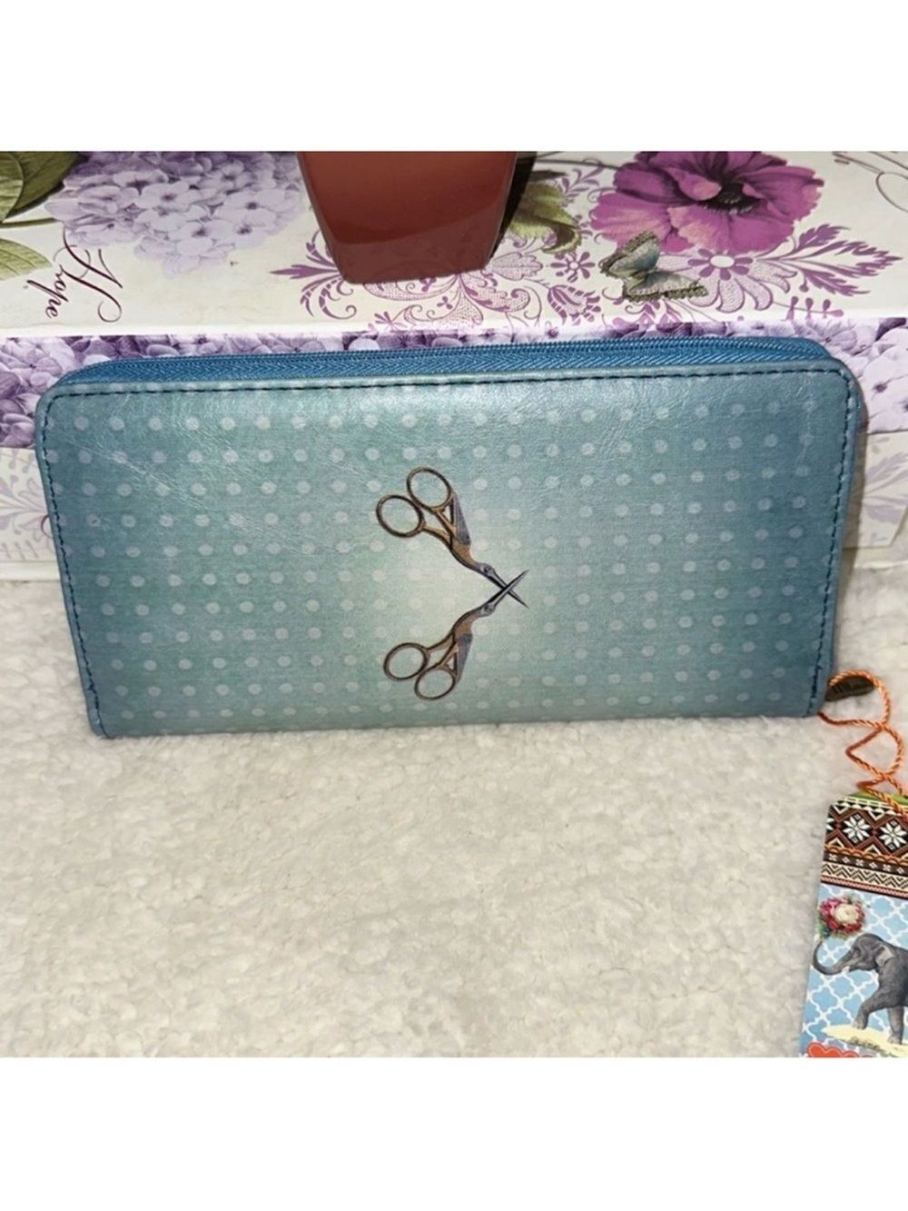 Mlaui Vegan Leather Wallet Blue Tones Polka Sewing Machine & Scissors Print